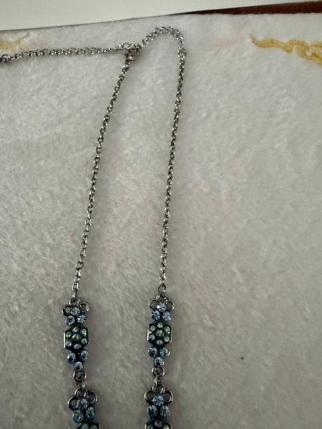 Vintage Blue Green Rhinestone Pendant Necklace 19" Silver Tone AB Crystal 2" Drop