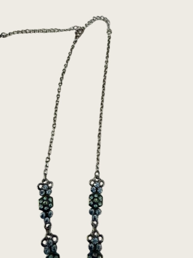 Vintage Blue Green Rhinestone Pendant Necklace 19" Silver Tone AB Crystal 2" Drop