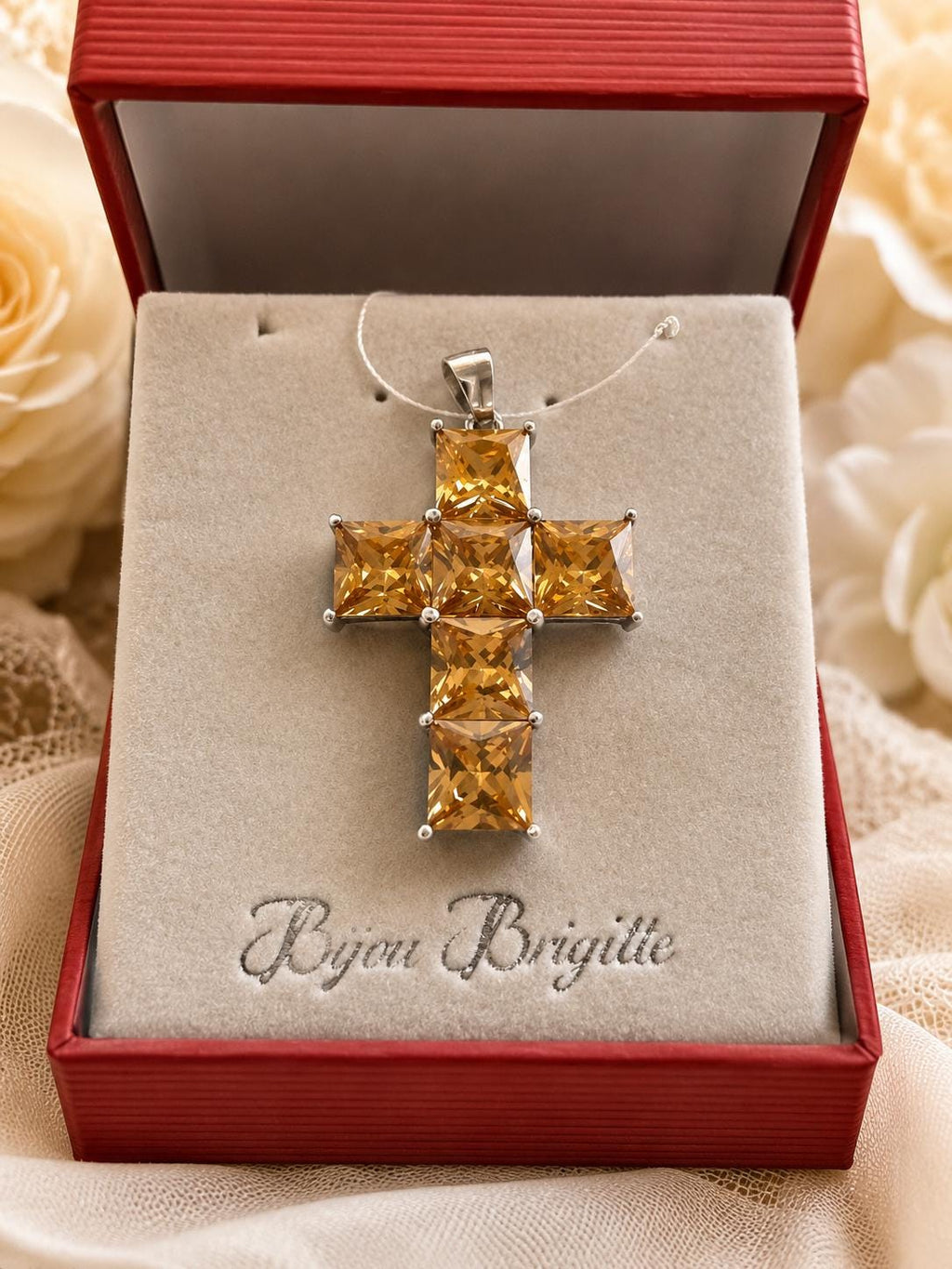Bijou Brigitte 925 Sterling Silver Champagne CZ Cross Pendant 1.75 Inch