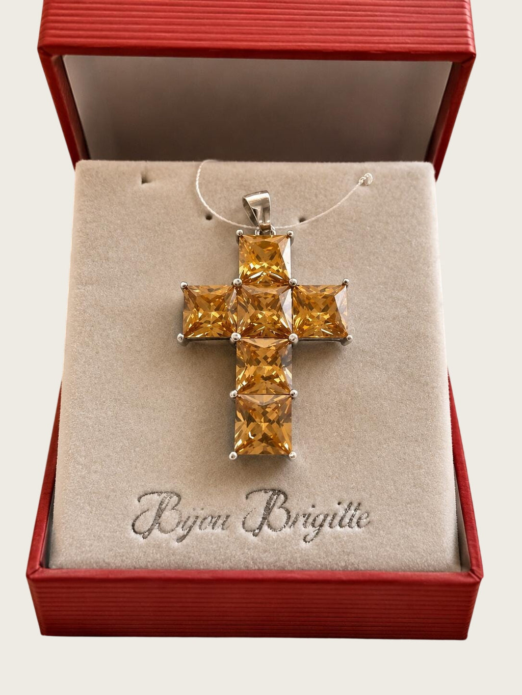 Bijou Brigitte 925 Sterling Silver Champagne CZ Cross Pendant 1.75 Inch