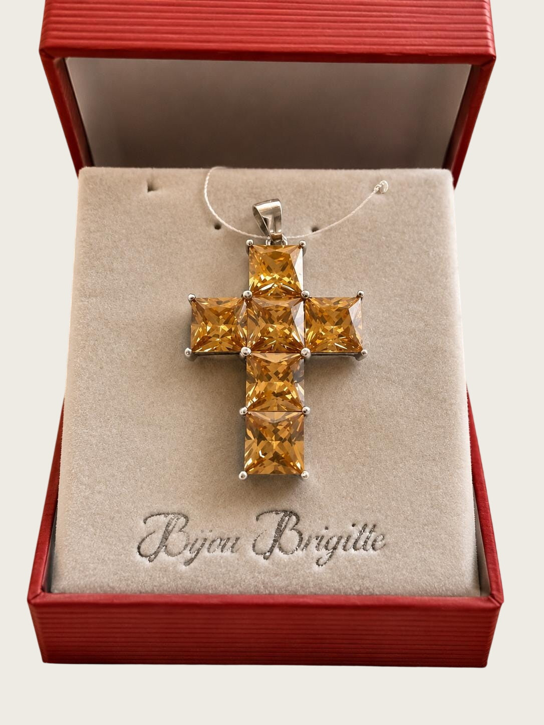 Bijou Brigitte 925 Sterling Silver Champagne CZ Cross Pendant 1.75 Inch