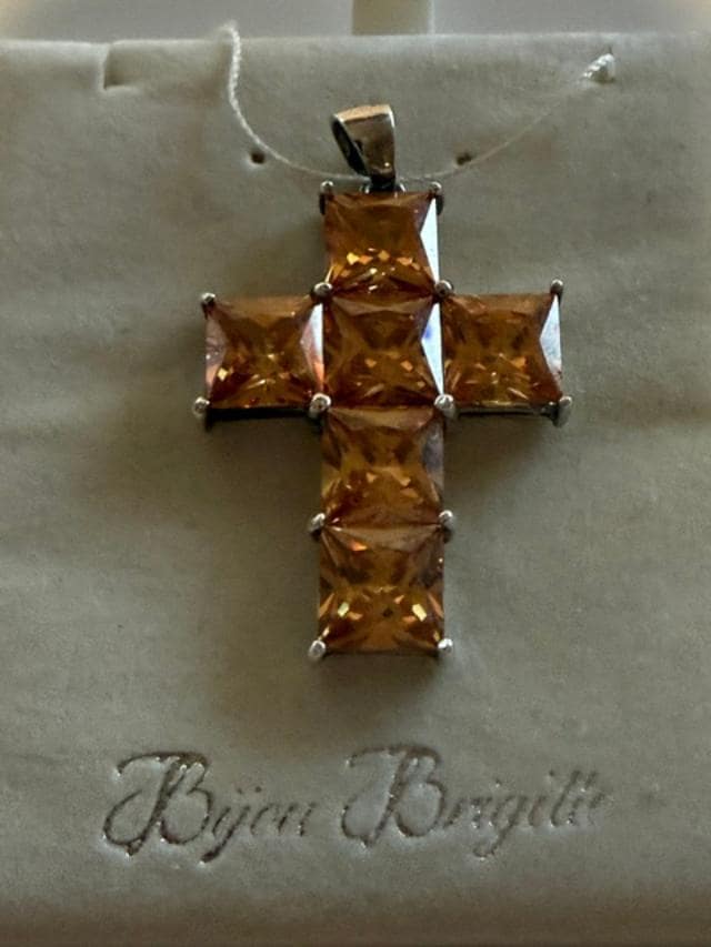 Bijou Brigitte 925 Sterling Silver Champagne CZ Cross Pendant 1.75 Inch