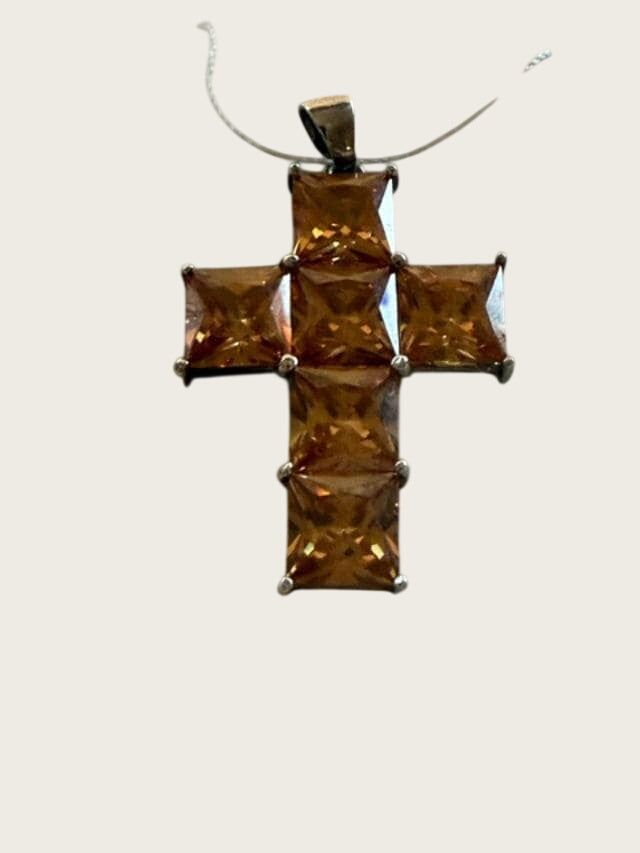 Bijou Brigitte 925 Sterling Silver Champagne CZ Cross Pendant 1.75 Inch