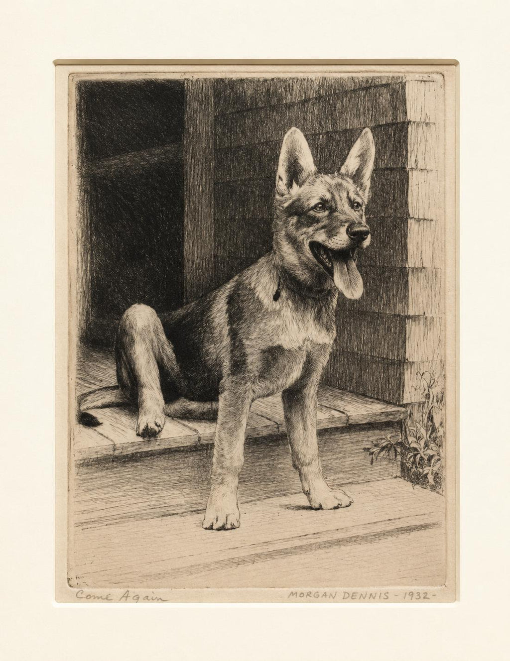 Morgan Dennis Signed Etching Come Again 1932 German Shepherd Dog Framed Vintage Art