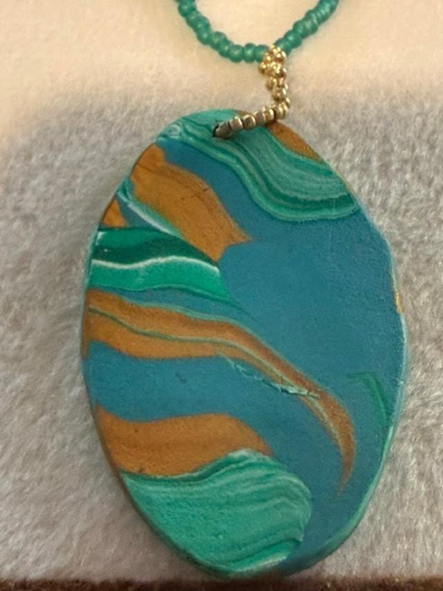 Artisan Made Polymer Clay Necklace OOAK Teal Brown Boho Pendant 21 Inch Beaded Jewelry