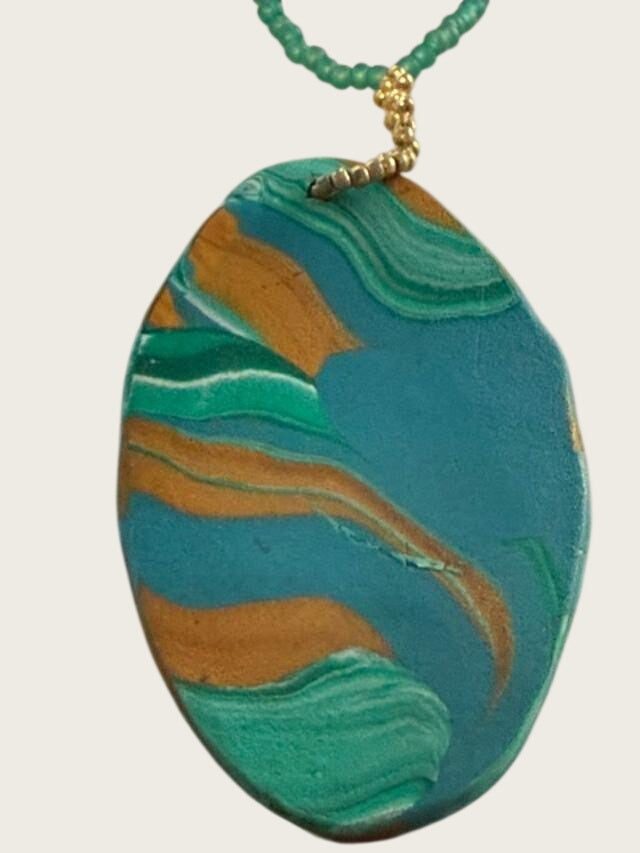 Artisan Made Polymer Clay Necklace OOAK Teal Brown Boho Pendant 21 Inch Beaded Jewelry