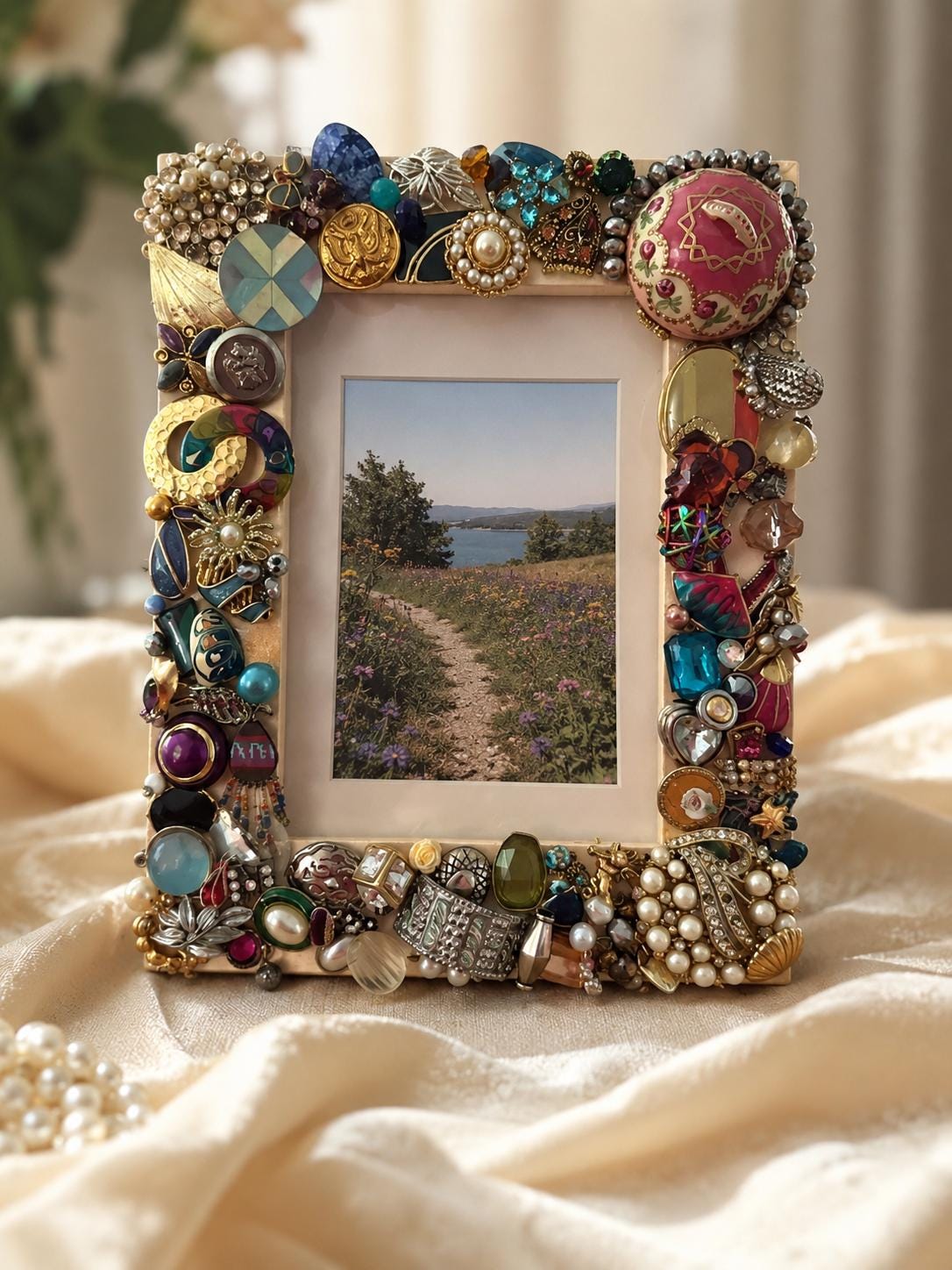 OOAK Recycled Vintage Jewelry Mosaic Solid Wood Picture Frame