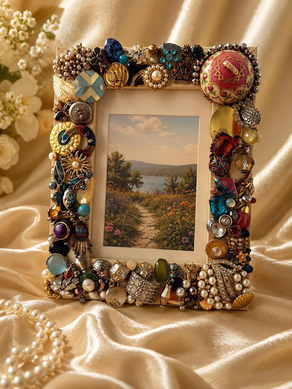 OOAK Recycled Vintage Jewelry Mosaic Solid Wood Picture Frame