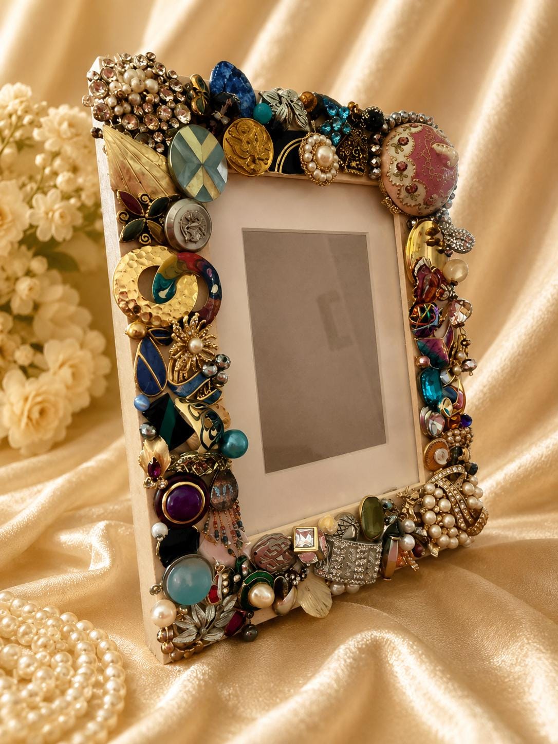 OOAK Recycled Vintage Jewelry Mosaic Solid Wood Picture Frame
