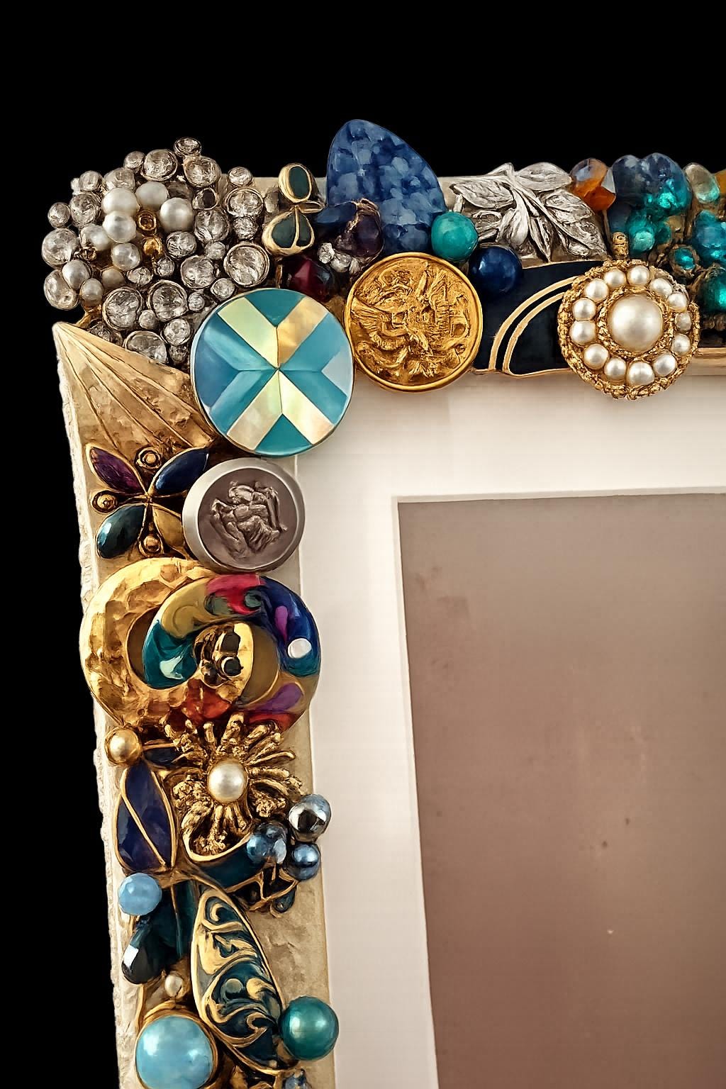 OOAK Recycled Vintage Jewelry Mosaic Solid Wood Picture Frame