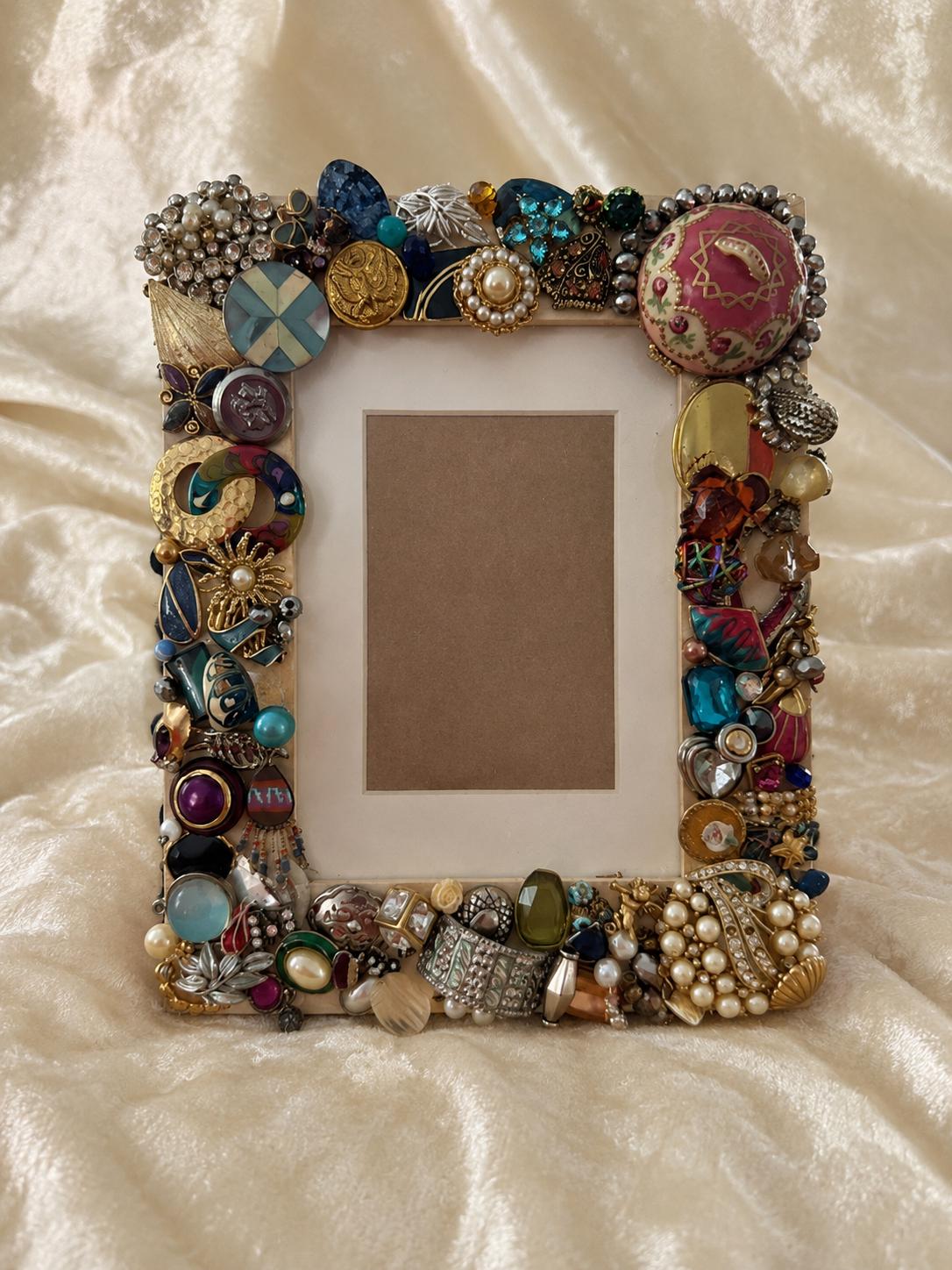 OOAK Recycled Vintage Jewelry Mosaic Solid Wood Picture Frame