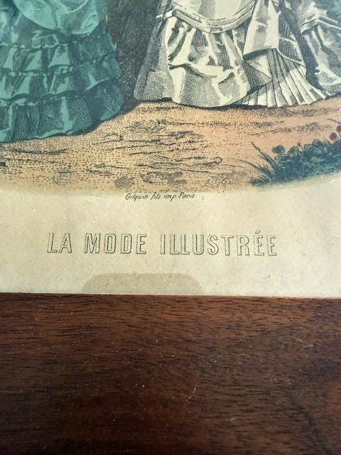 Pair Antique French La Mode Illustrée Fashion Plates c.1875 Walnut Frames