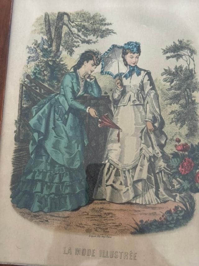 Pair Antique French La Mode Illustrée Fashion Plates c.1875 Walnut Frames