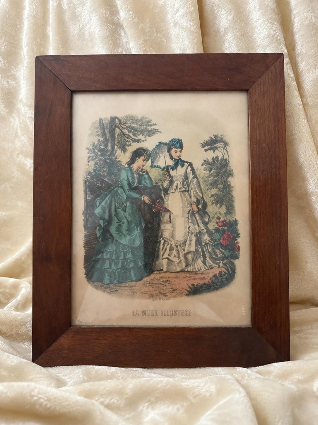 Pair Antique French La Mode Illustrée Fashion Plates c.1875 Walnut Frames