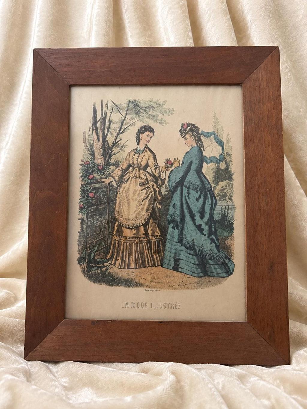 Pair Antique French La Mode Illustrée Fashion Plates c.1875 Walnut Frames