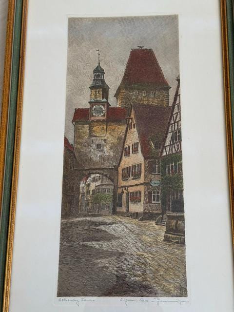 Vintage Pair Ernst Geissendorfer Rothenburg Original Etchings Framed German Art