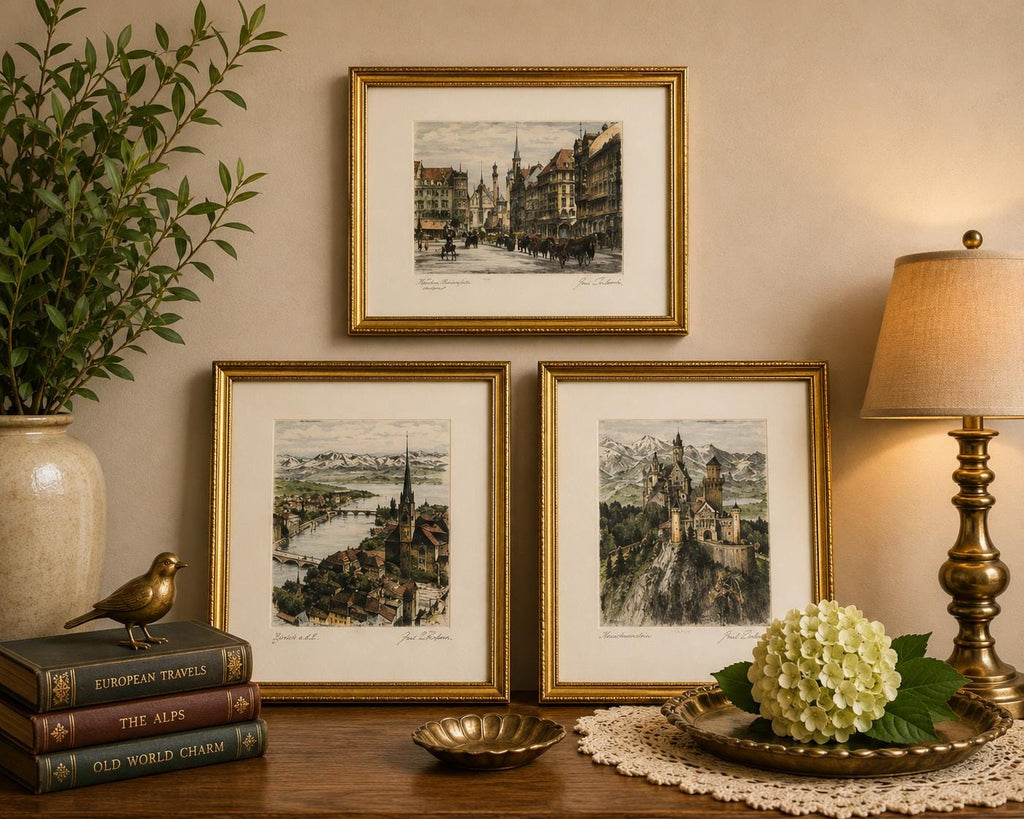 Set of 3 Paul Geissler Hand Colored Etchings Neuschwanstein Munich Zurich