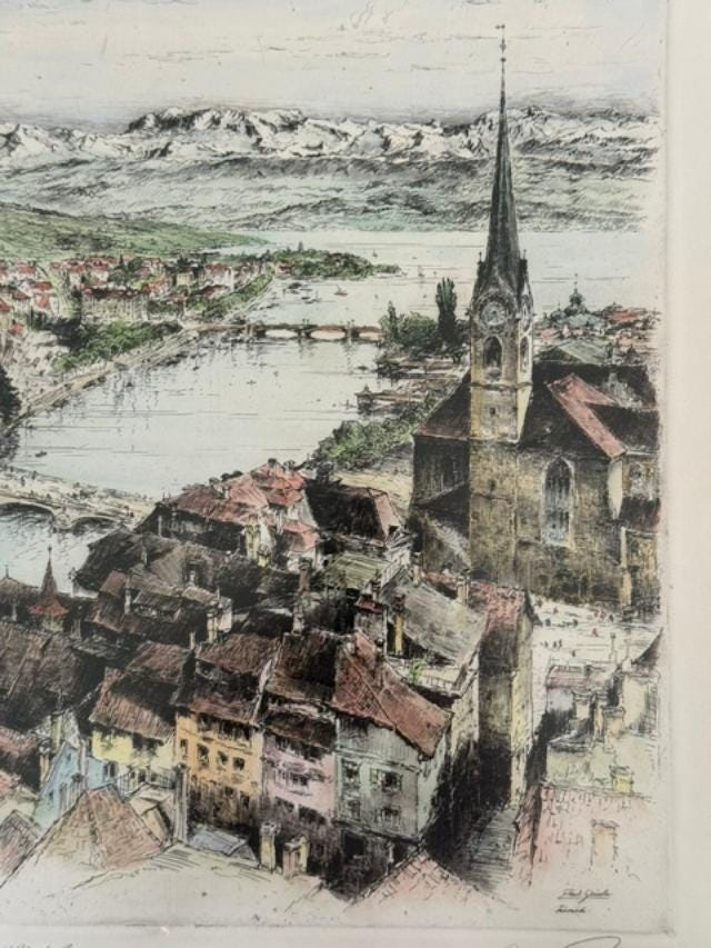 Set of 3 Paul Geissler Hand Colored Etchings Neuschwanstein Munich Zurich