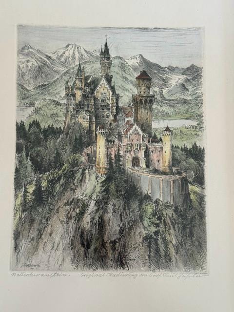 Set of 3 Paul Geissler Hand Colored Etchings Neuschwanstein Munich Zurich