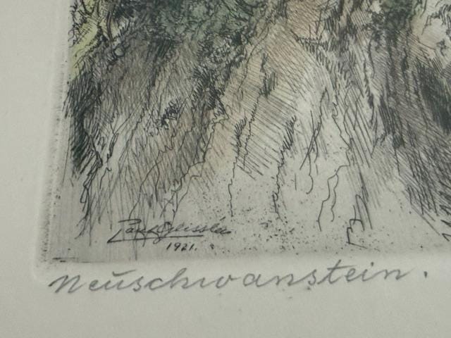 Set of 3 Paul Geissler Hand Colored Etchings Neuschwanstein Munich Zurich