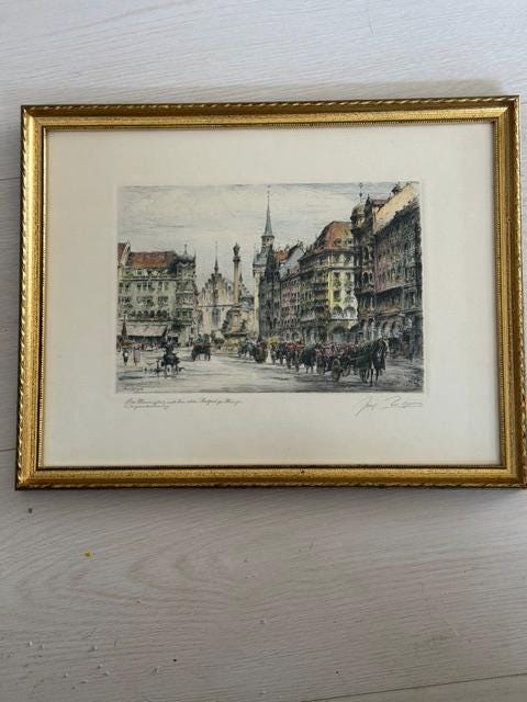 Set of 3 Paul Geissler Hand Colored Etchings Neuschwanstein Munich Zurich