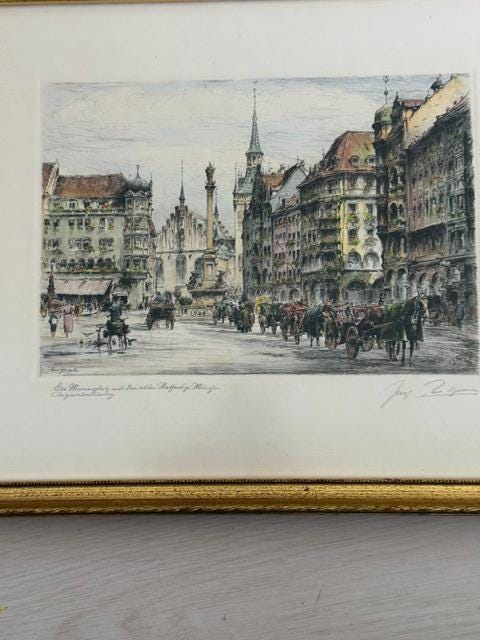 Set of 3 Paul Geissler Hand Colored Etchings Neuschwanstein Munich Zurich