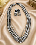 Vintage 1970s Modernist Silver Tone Multi Strand Necklace & Black Cabochon Clip Earring Set