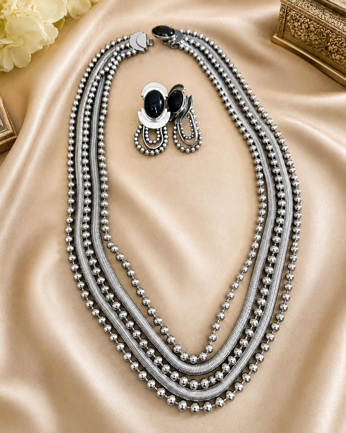 Vintage 1970s Modernist Silver Tone Multi Strand Necklace & Black Cabochon Clip Earring Set