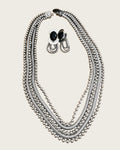 Vintage 1970s Modernist Silver Tone Multi Strand Necklace & Black Cabochon Clip Earring Set