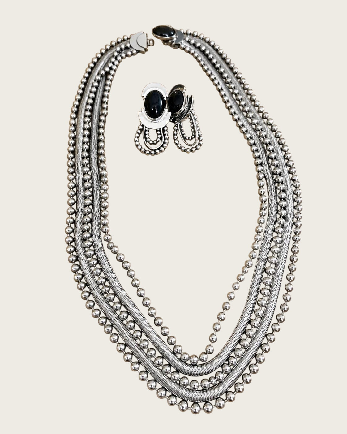 Vintage 1970s Modernist Silver Tone Multi Strand Necklace & Black Cabochon Clip Earring Set