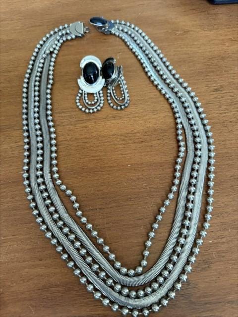 Vintage 1970s Modernist Silver Tone Multi Strand Necklace & Black Cabochon Clip Earring Set