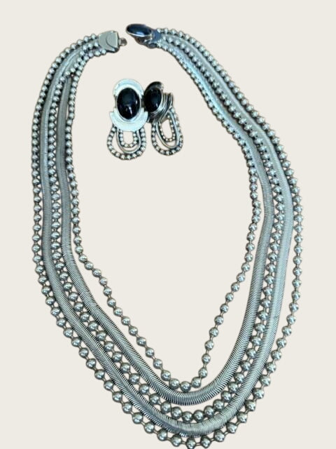 Vintage 1970s Modernist Silver Tone Multi Strand Necklace & Black Cabochon Clip Earring Set