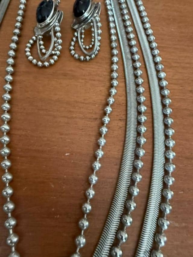 Vintage 1970s Modernist Silver Tone Multi Strand Necklace & Black Cabochon Clip Earring Set