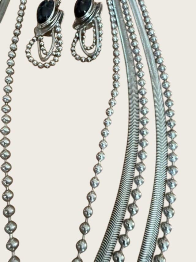 Vintage 1970s Modernist Silver Tone Multi Strand Necklace & Black Cabochon Clip Earring Set