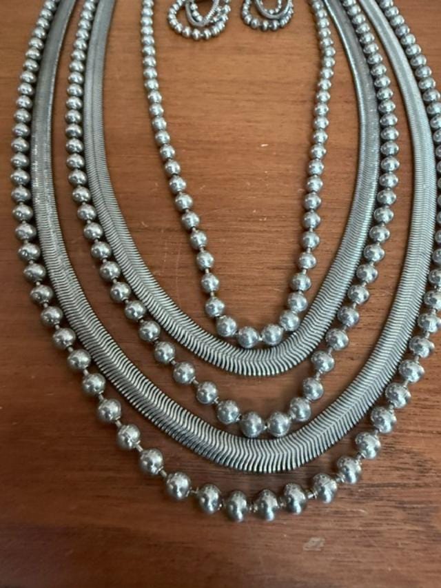 Vintage 1970s Modernist Silver Tone Multi Strand Necklace & Black Cabochon Clip Earring Set