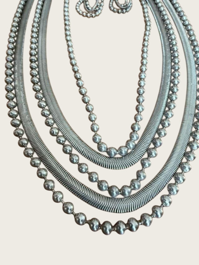 Vintage 1970s Modernist Silver Tone Multi Strand Necklace & Black Cabochon Clip Earring Set