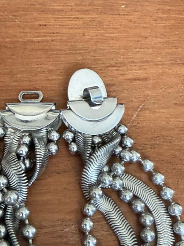 Vintage 1970s Modernist Silver Tone Multi Strand Necklace & Black Cabochon Clip Earring Set