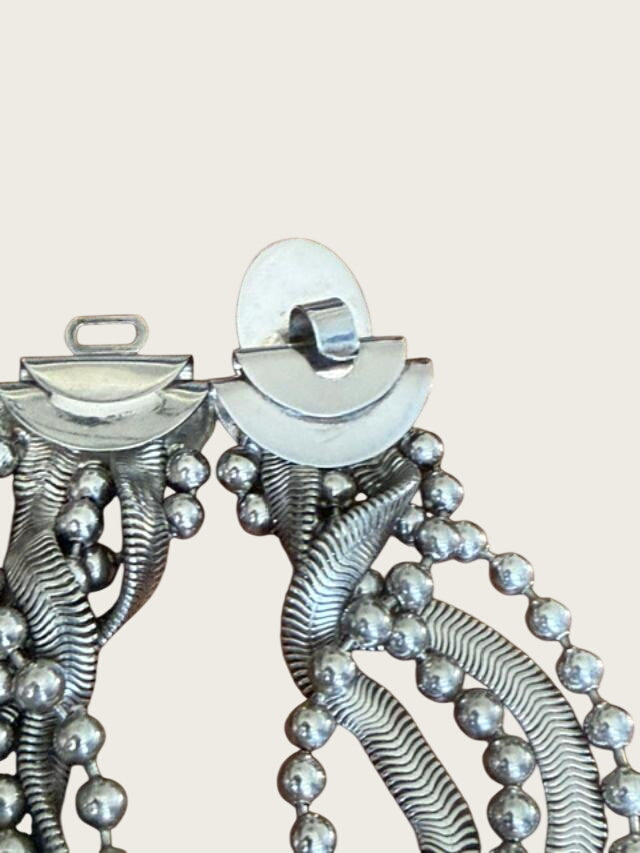 Vintage 1970s Modernist Silver Tone Multi Strand Necklace & Black Cabochon Clip Earring Set