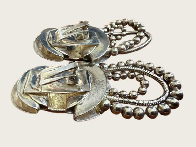 Vintage 1970s Modernist Silver Tone Multi Strand Necklace & Black Cabochon Clip Earring Set