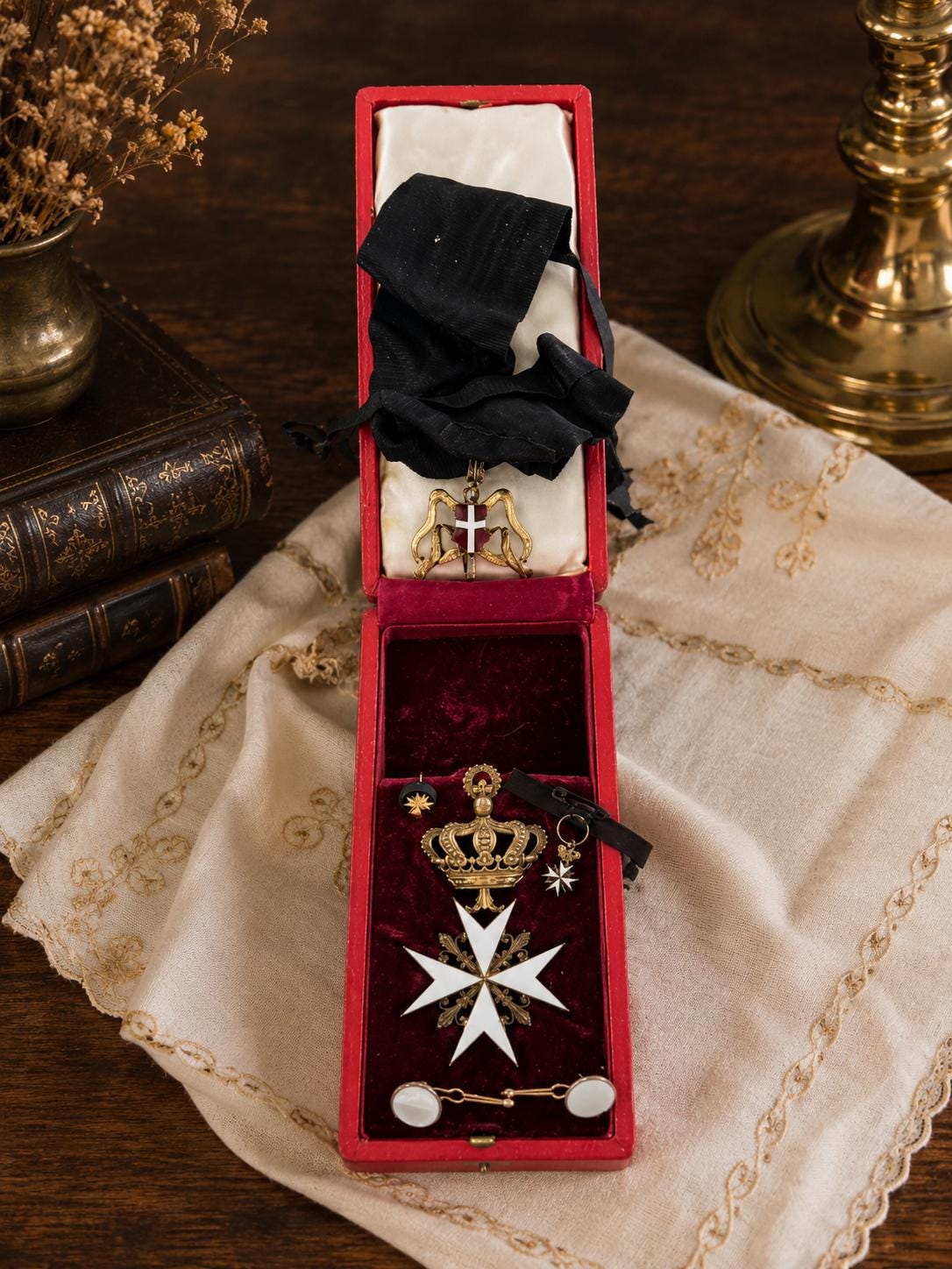 Vintage Cased Maltese Cross Medal Order Set Crowned Enamel Decoration