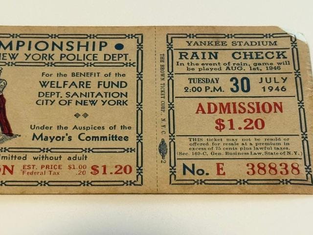 1946 Yankee Stadium NYPD vs Sanitation Baseball Championship Ticket