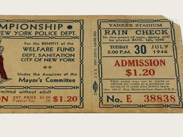 1946 Yankee Stadium NYPD vs Sanitation Baseball Championship Ticket