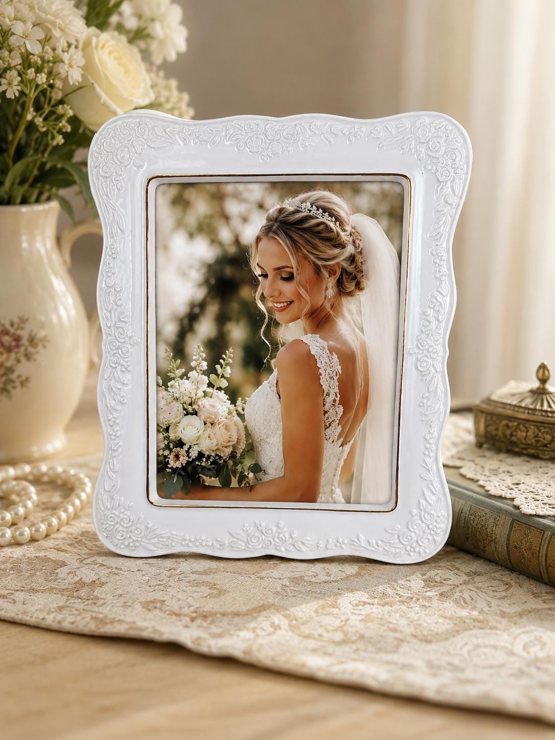 Vintage White Porcelain Floral Picture Frame 8x10 Ornate Gold Trim