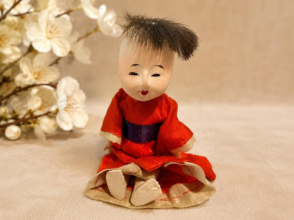 Vintage Japanese Gofun Ichimatsu Style Mini Doll Red Kimono 5 Inch