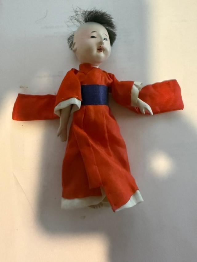 Vintage Japanese Gofun Ichimatsu Style Mini Doll Red Kimono 5 Inch