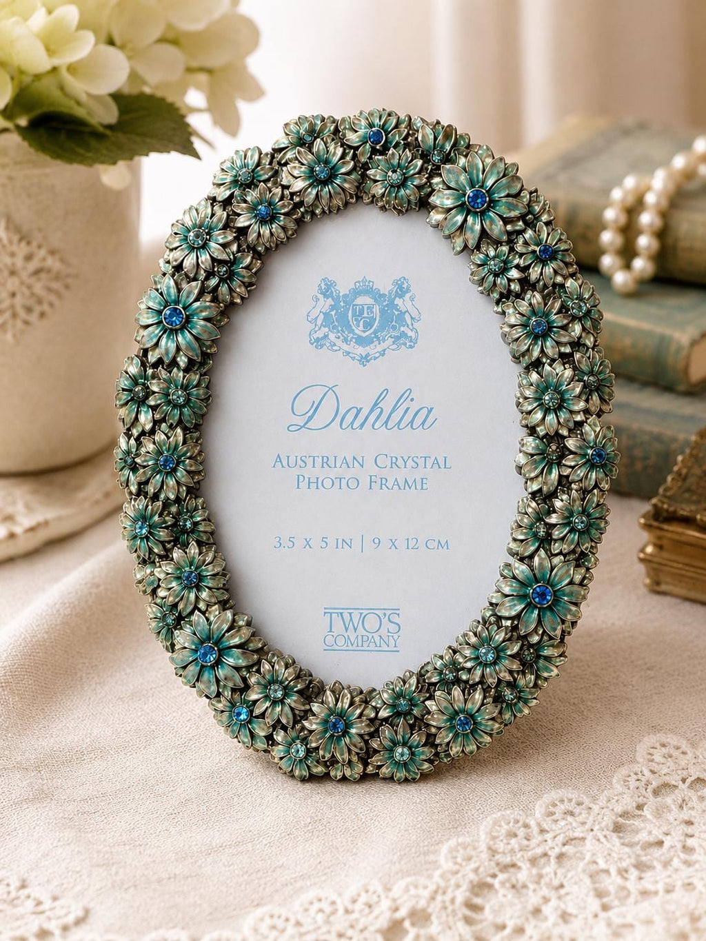 Vintage Twos Company Dahlia Austrian Crystal Floral Oval Photo Frame 3.5x5