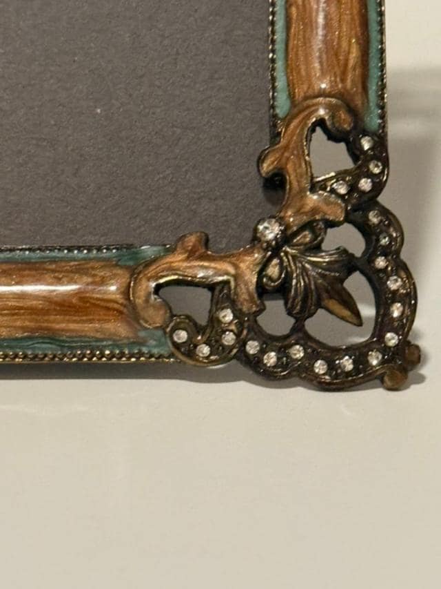 Vintage 1990s Jeweled Floral Photo Frame Faux Wood Turquoise Rhinestone Decordesc