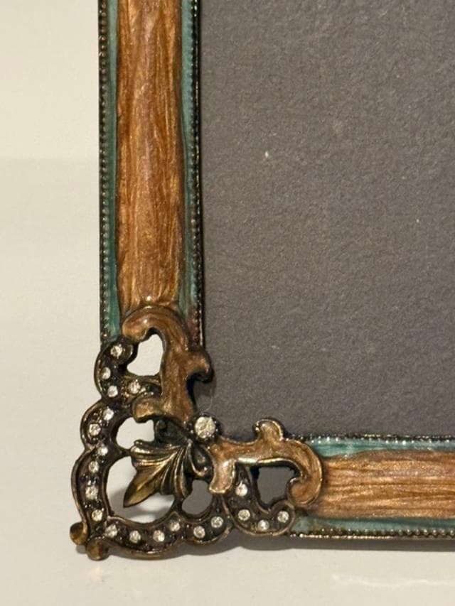 Vintage 1990s Jeweled Floral Photo Frame Faux Wood Turquoise Rhinestone Decordesc