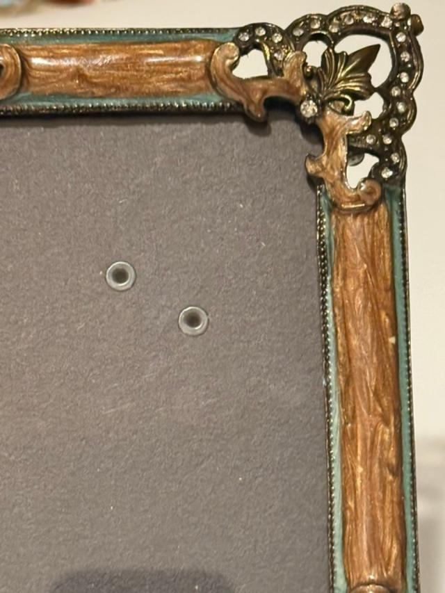 Vintage 1990s Jeweled Floral Photo Frame Faux Wood Turquoise Rhinestone Decordesc