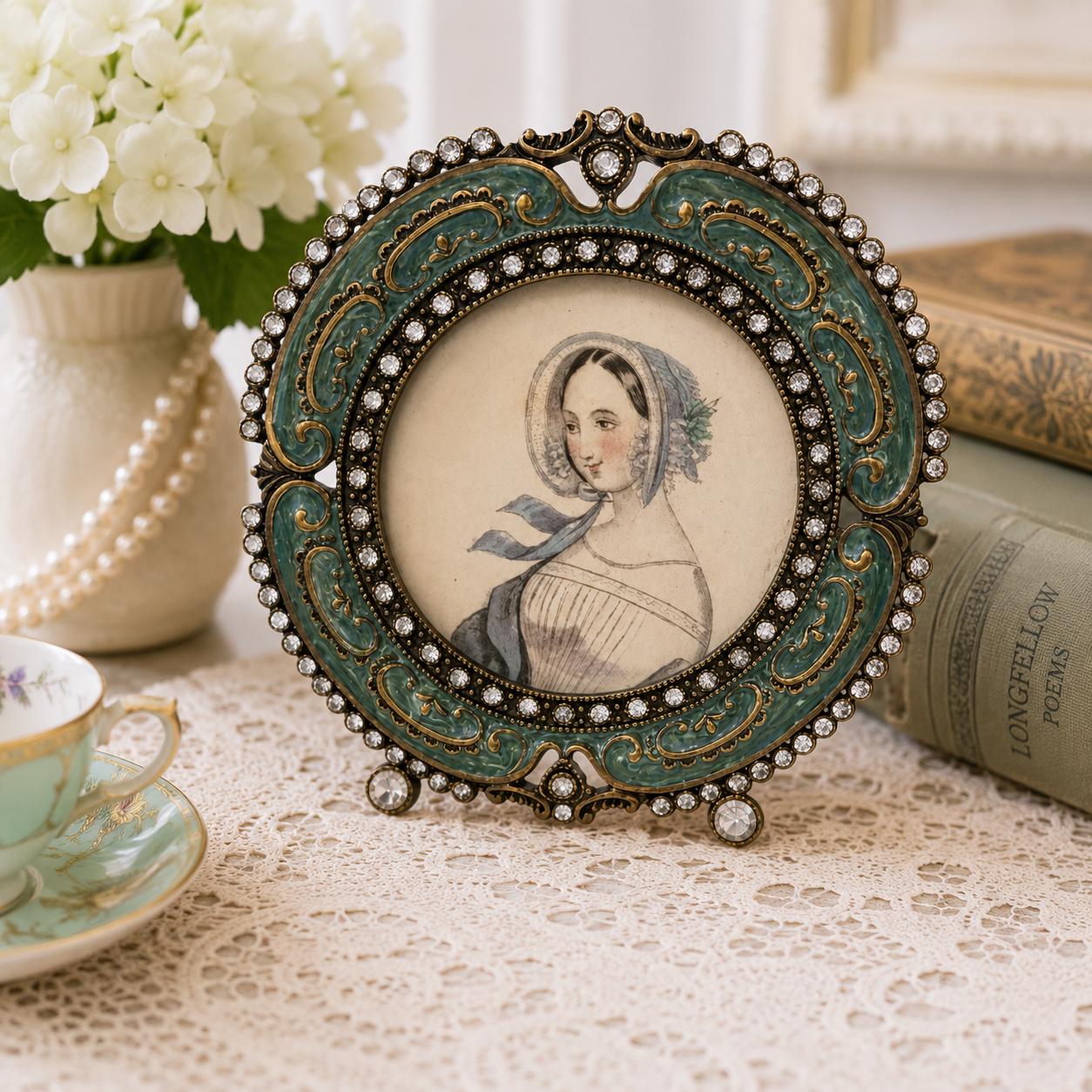 Vintage Round Jeweled Photo Frame Green Enamel Rhinestone Gold Tone Decor2.5